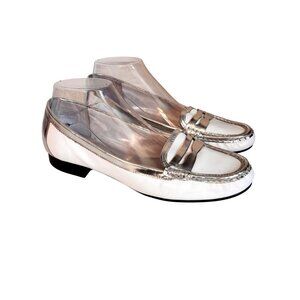 Anne Klein Iflex‎ Womens Silver & White Leather Loafers Size 8.5M Classic Preppy